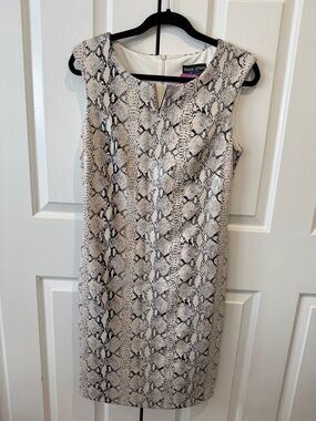 Frank Lyman Design Taupe and Black Snake-Print Midi Sheath Dress